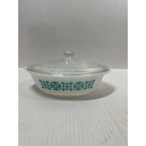 Vintage Glasbake Oval Casserole Dish Milk Glass Turquoise Blue Snowflake Flowers